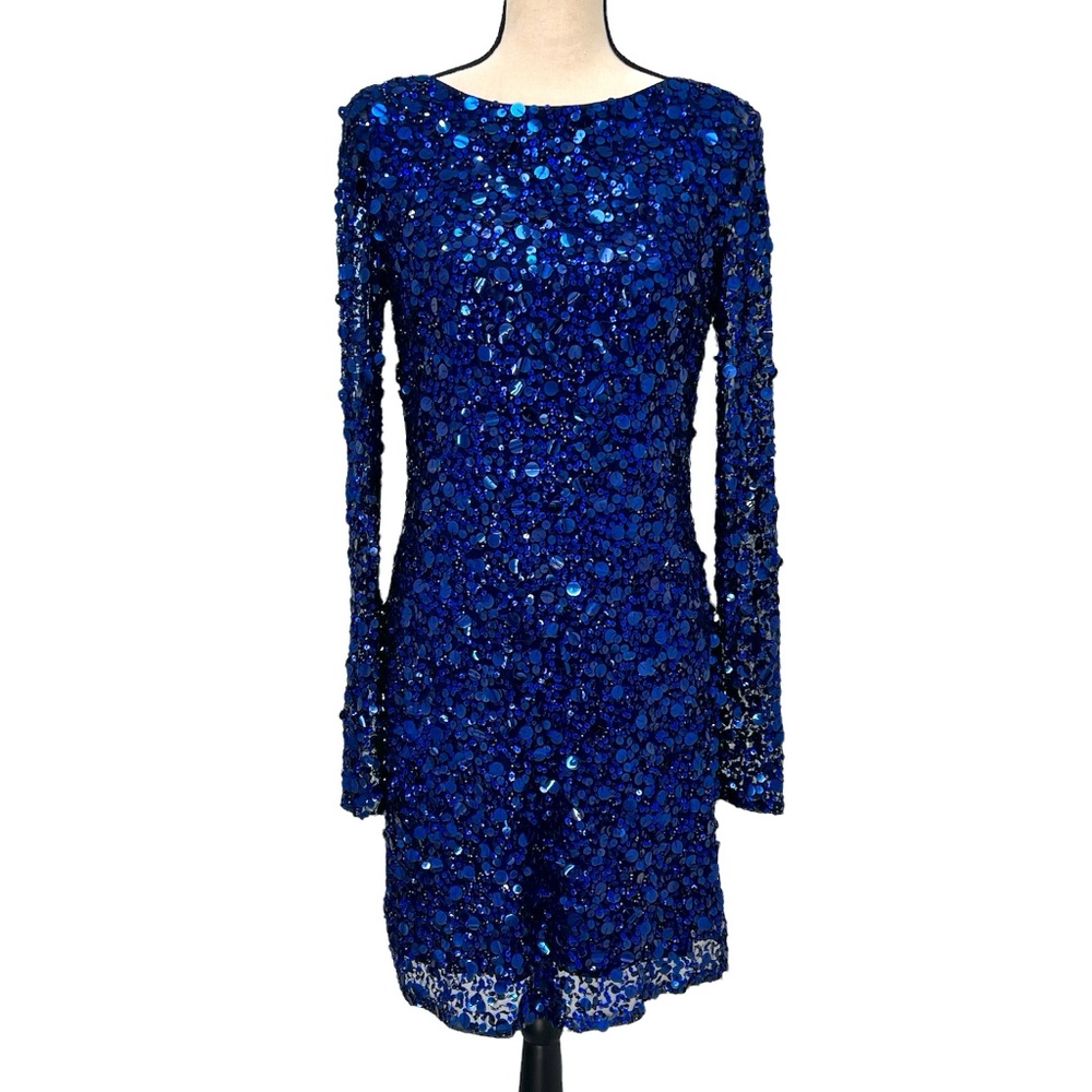 AIDAN MATTOX ROYAL BLUE BATEAU NECK LONG SLEEVE SEQUINED COCKTAIL DRESS